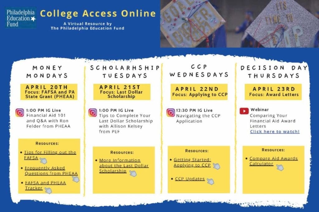 College Access Online Activities, each day has a theme