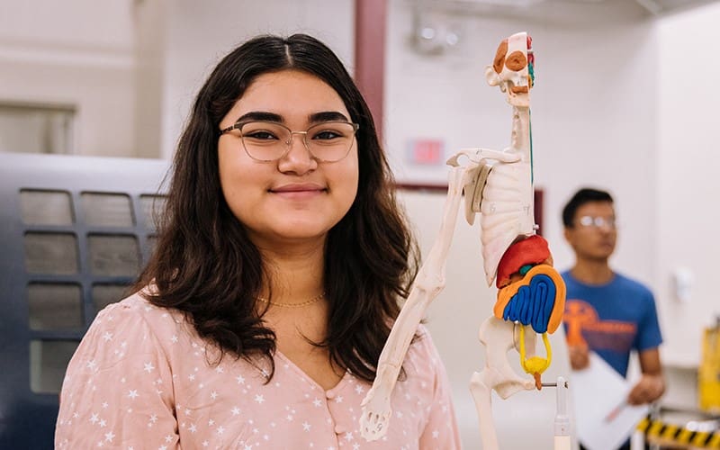 Young woman in a science classroom with model of internal anatomy