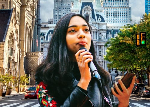 teen girl with microphone holding her phone standing in front of a backdrop of city hall